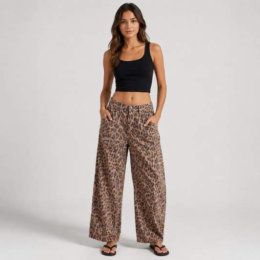 Elysian Leopard Wide Leg Jeans for Women - Chic Ankle-Length Style with Relaxed Fit