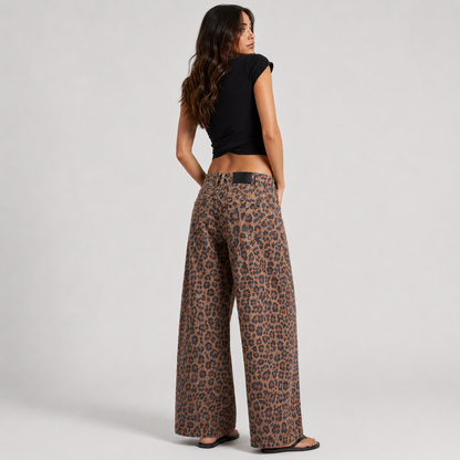 Elysian Leopard Wide Leg Jeans for Women - Chic Ankle-Length Style with Relaxed Fit