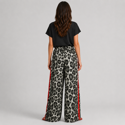 Chic Leopard Print Wide Leg Pants Women with Sporty Side Stripe