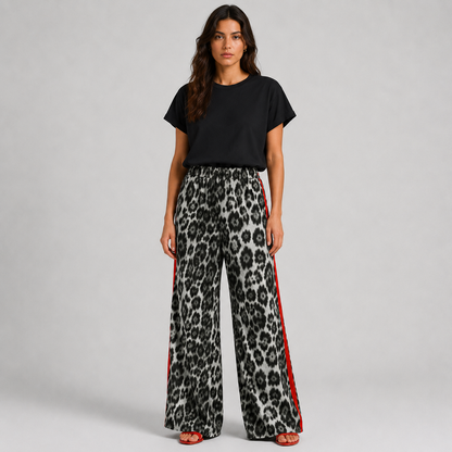 Chic Leopard Print Wide Leg Pants Women with Sporty Side Stripe
