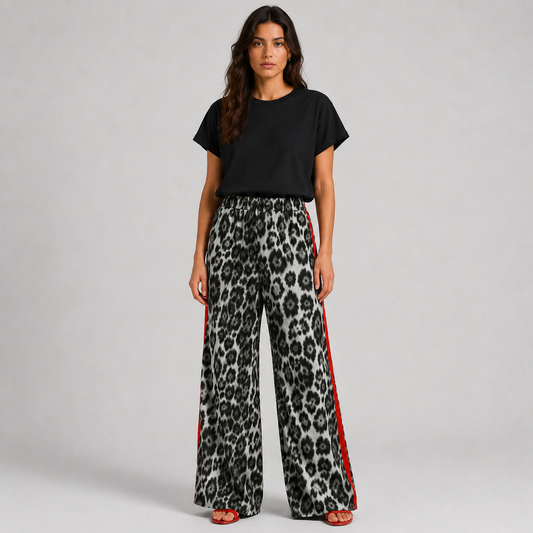 Chic Leopard Print Wide Leg Pants Women with Sporty Side Stripe