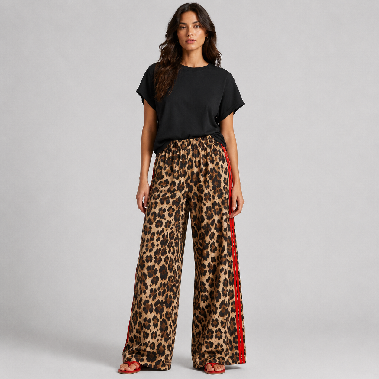 Chic Leopard Print Wide Leg Pants Women with Sporty Side Stripe