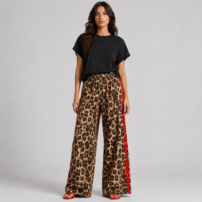 Chic Leopard Print Wide Leg Pants Women with Sporty Side Stripe