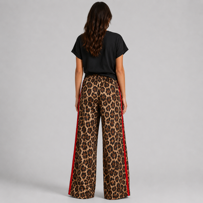 Chic Leopard Print Wide Leg Pants Women with Sporty Side Stripe