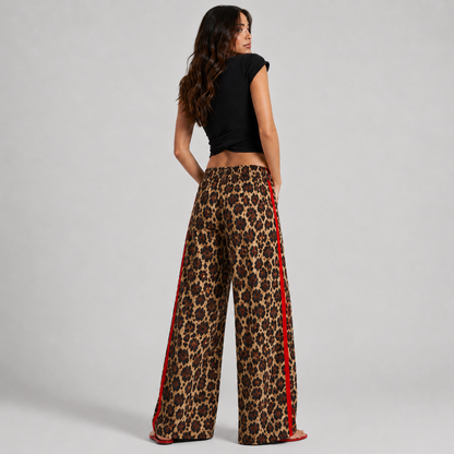 Chic Leopard Print Wide Leg Pants Women with Sporty Side Stripe