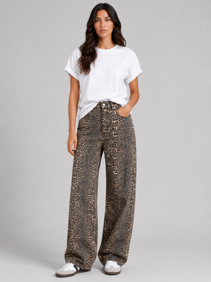 Leopard Print Wide Leg Jeans for Women - Chic Low-Rise Design, Comfortable Fit, Versatile Style