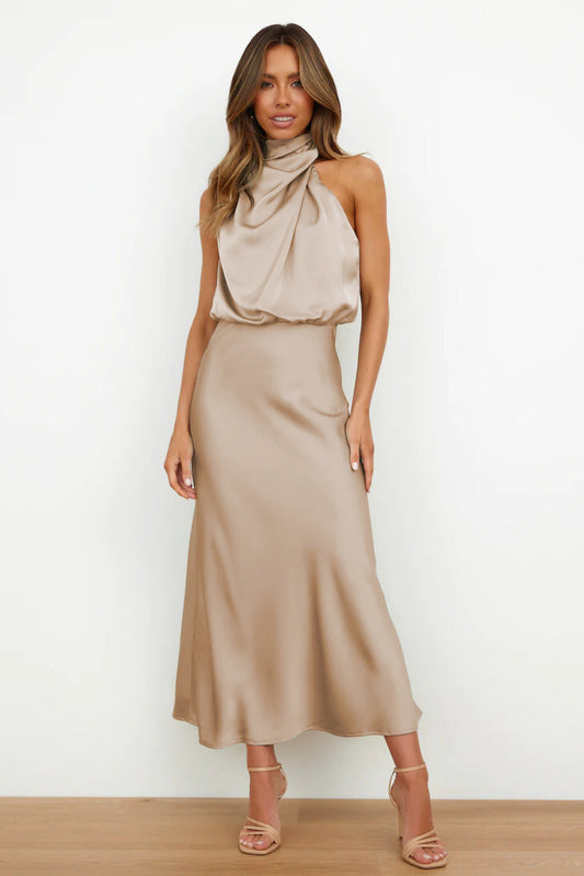 Elegant Autumn Maxi Satin Dress with Attractive Halter Neck