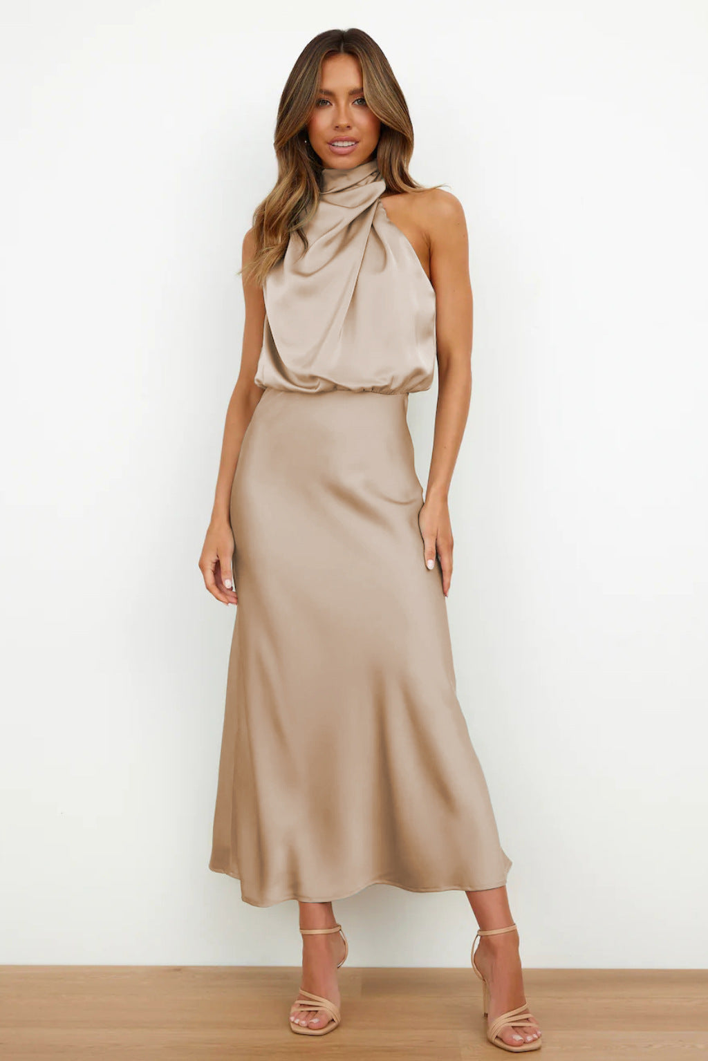 Elegant Autumn Maxi Satin Dress with Attractive Halter Neck