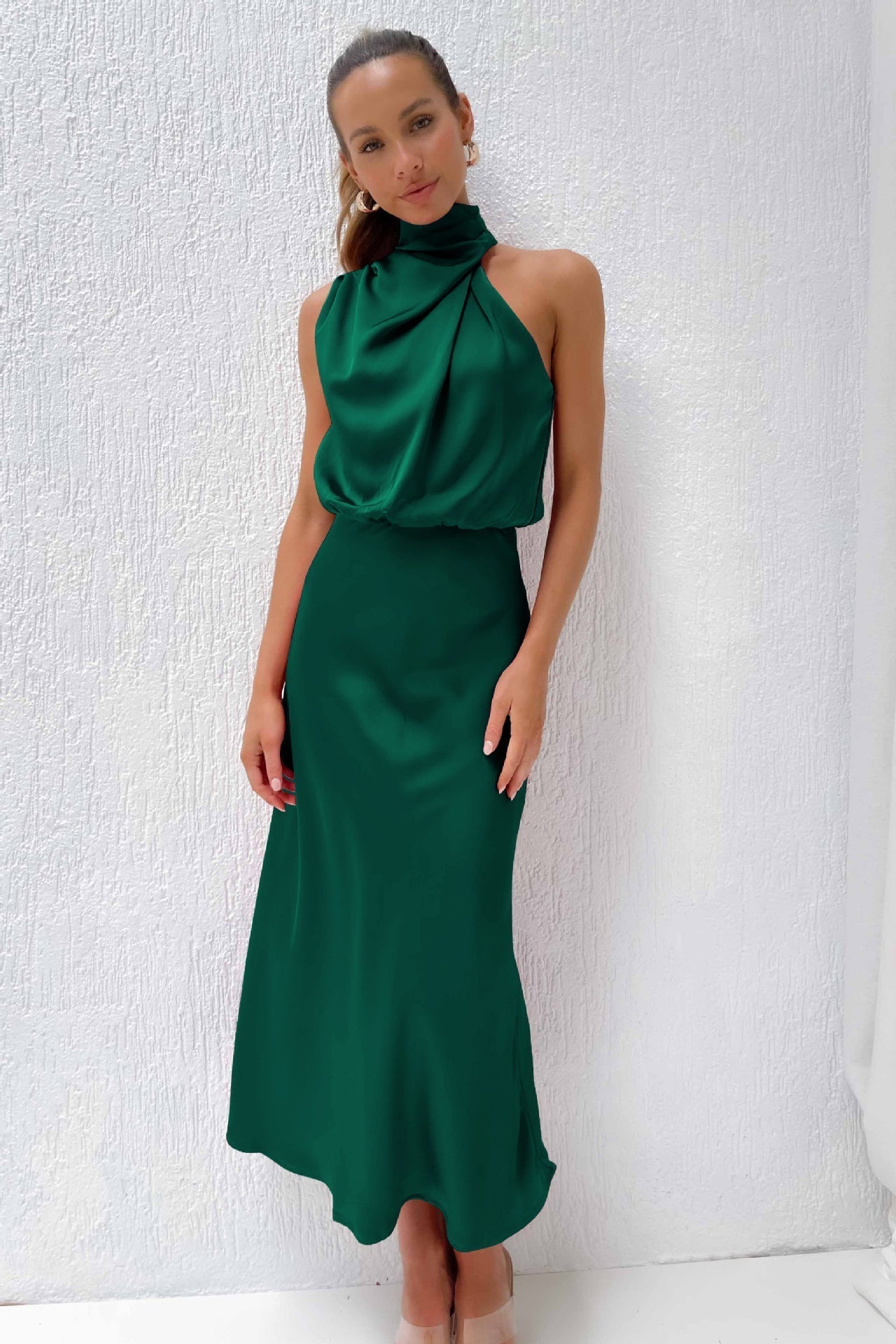 Elegant Autumn Maxi Satin Dress with Attractive Halter Neck