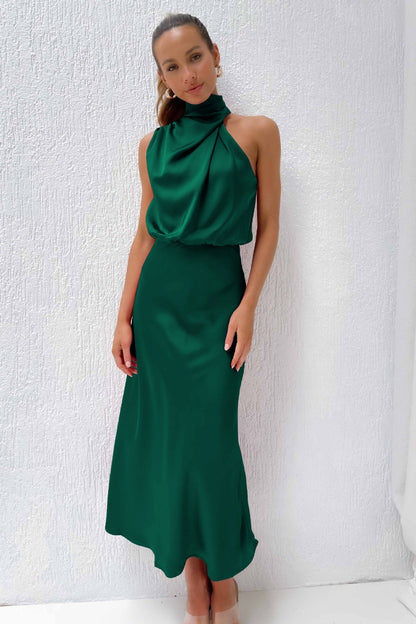 Elegant Autumn Maxi Satin Dress with Attractive Halter Neck