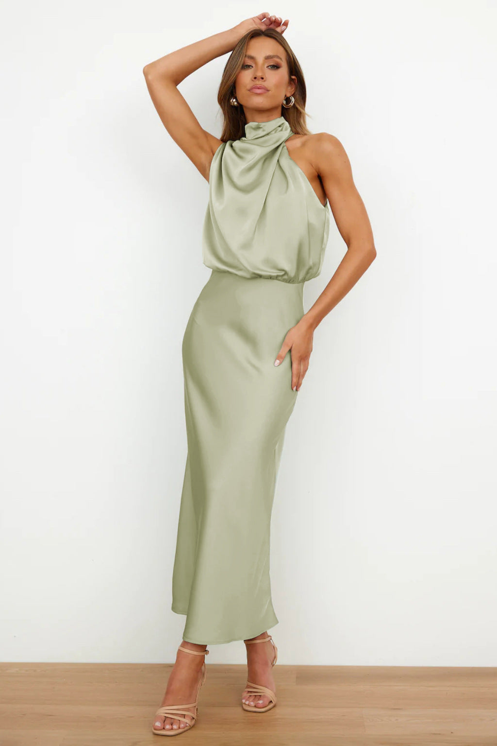 Elegant Autumn Maxi Satin Dress with Attractive Halter Neck