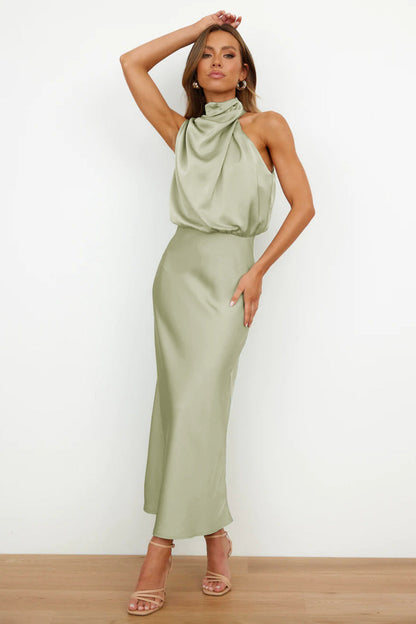 Elegant Autumn Maxi Satin Dress with Attractive Halter Neck