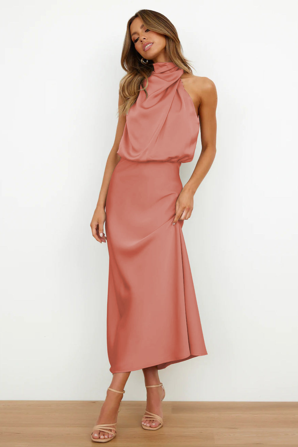 Elegant Autumn Maxi Satin Dress with Attractive Halter Neck