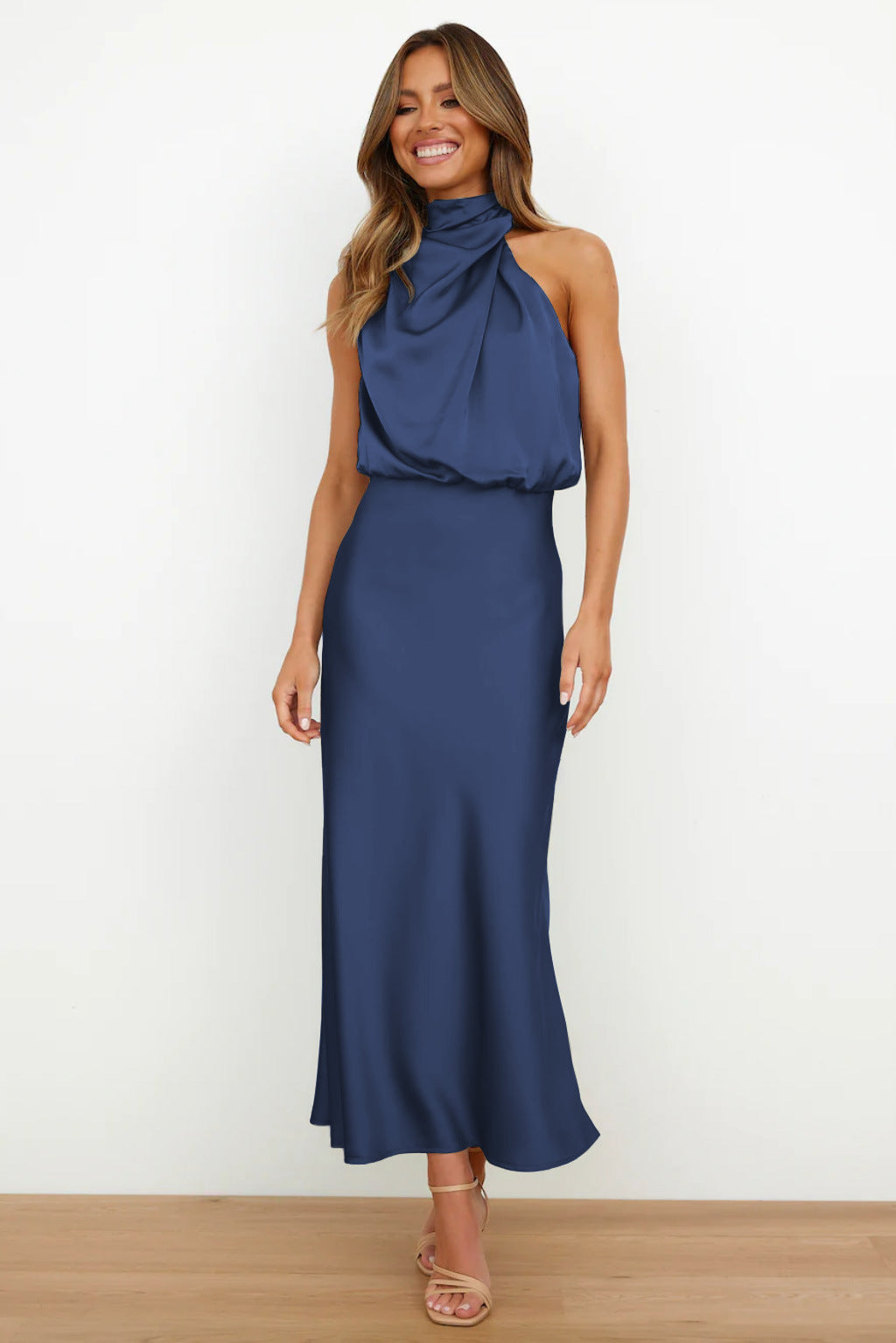 Elegant Autumn Maxi Satin Dress with Attractive Halter Neck