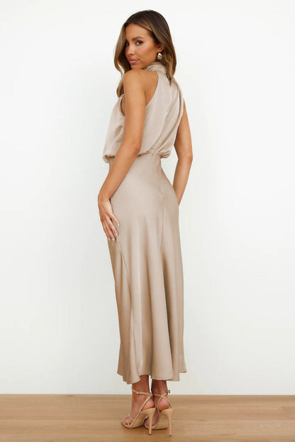 Elegant Autumn Maxi Satin Dress with Attractive Halter Neck