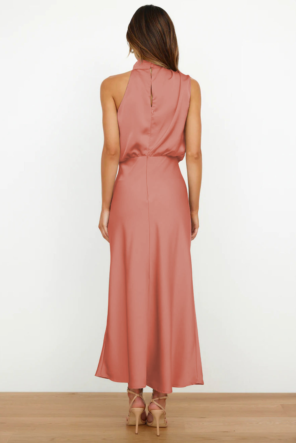 Elegant Autumn Maxi Satin Dress with Attractive Halter Neck