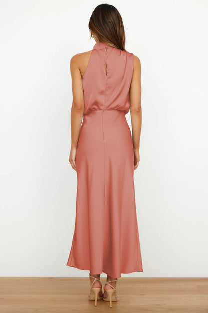 Elegant Autumn Maxi Satin Dress with Attractive Halter Neck