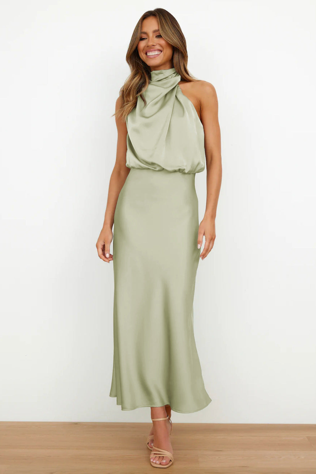 Elegant Autumn Maxi Satin Dress with Attractive Halter Neck