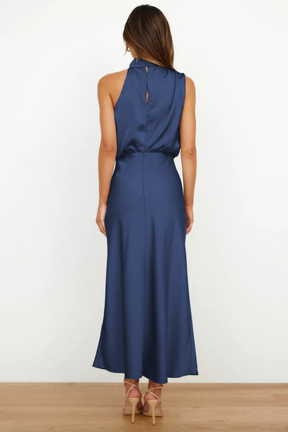 Elegant Autumn Maxi Satin Dress with Attractive Halter Neck