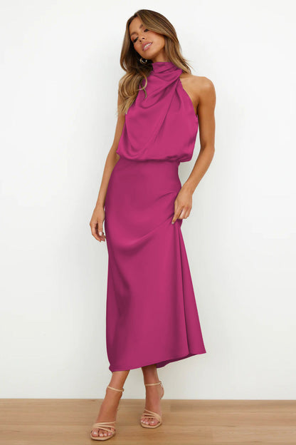 Elegant Autumn Maxi Satin Dress with Attractive Halter Neck