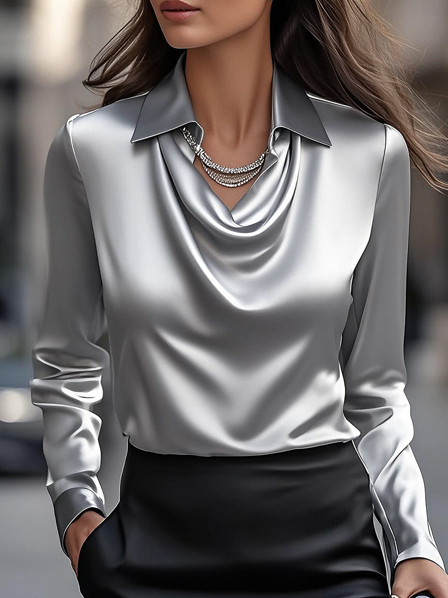 Elegant Satin Blouse | Women's Long Sleeve Draped Top