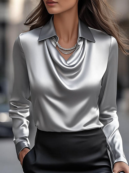 Elegant Satin Blouse | Women's Long Sleeve Draped Top