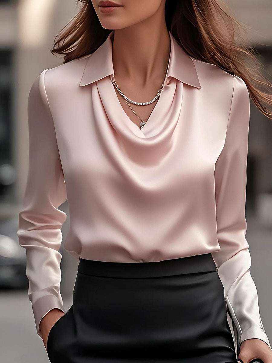 Elegant Satin Blouse | Women's Long Sleeve Draped Top