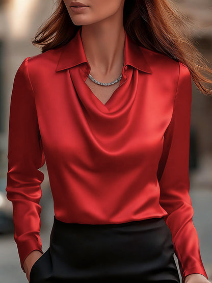 Elegant Satin Blouse | Women's Long Sleeve Draped Top