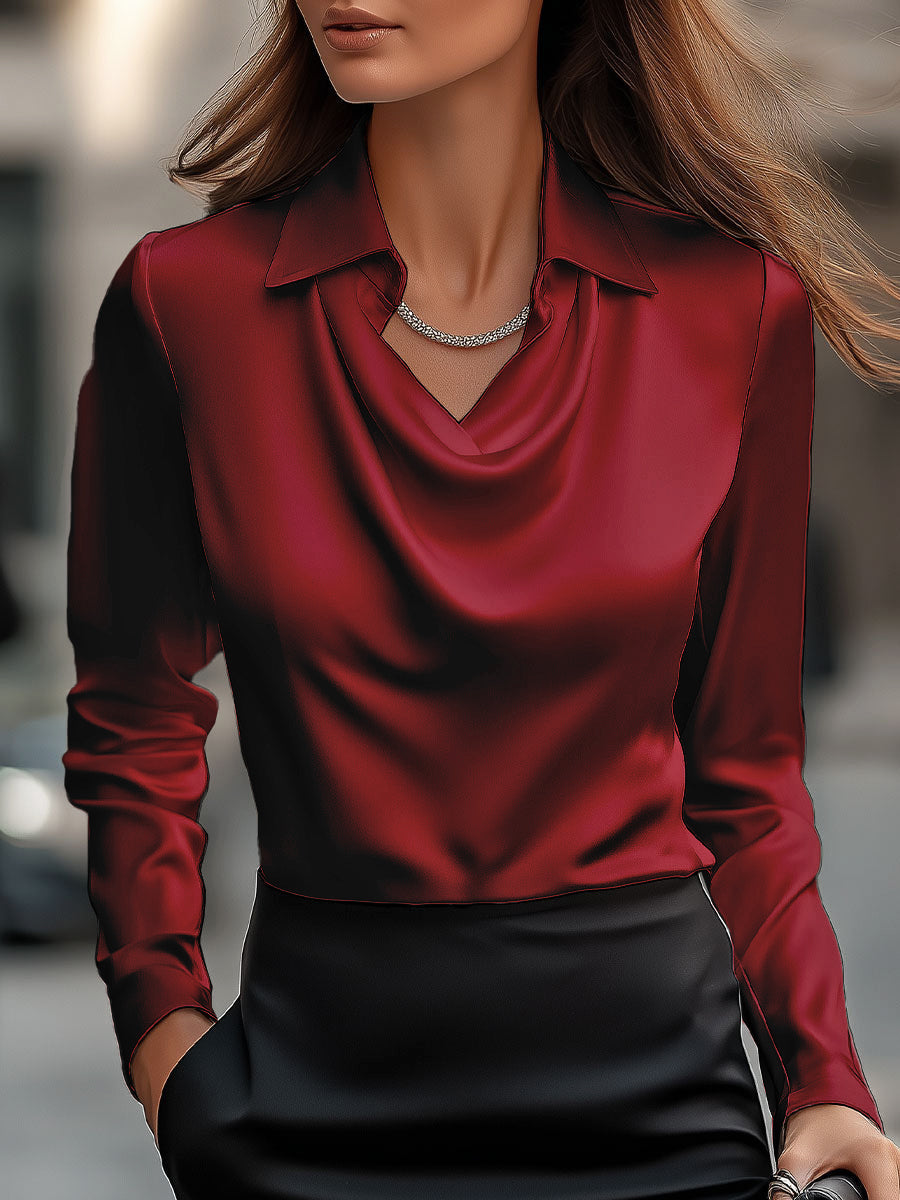 Elegant Satin Blouse | Women's Long Sleeve Draped Top