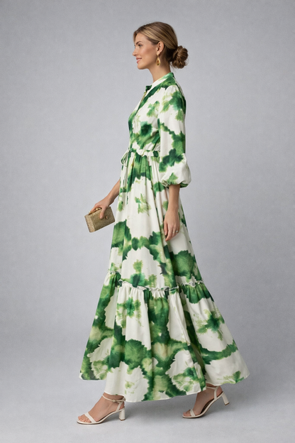 Elna | Long green summer dress: long sleeves and a V-neck for effortless sophistication