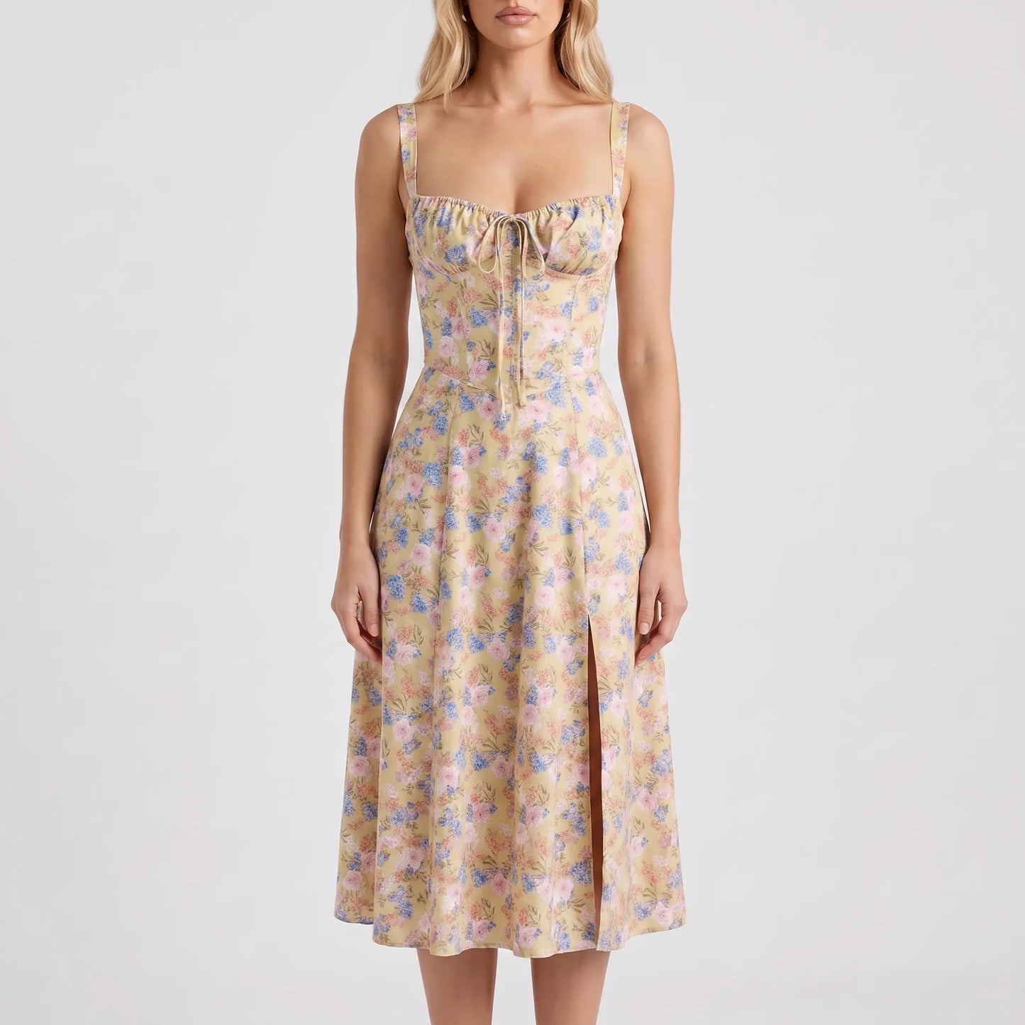Floressa | Women's Floral Print Midi Dress with Corset Bodice | Elegant Summer Dress for Wedding Guests 7
