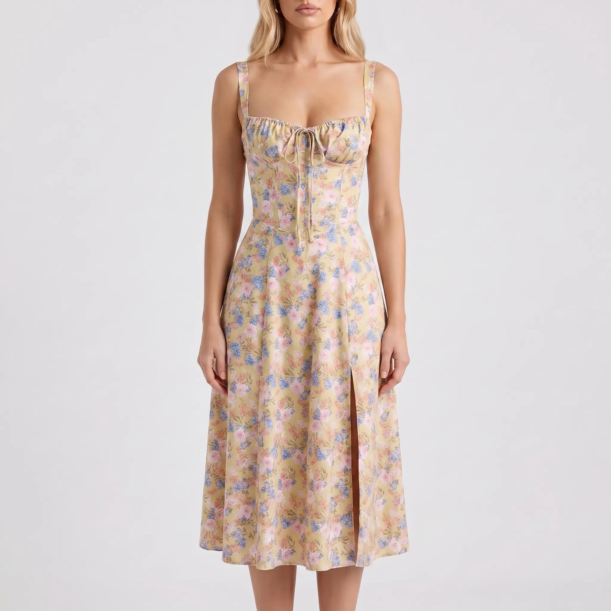 Floressa | Women's Floral Print Midi Dress with Corset Bodice | Elegant Summer Dress for Wedding Guests 7