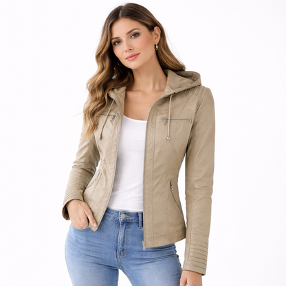 Carolina | Elegant Leather Jacket with Detachable Hood