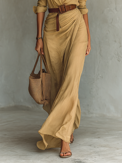 Elegant Maxi Dress | Formal Dresses with Lapel V-Neck & Belted Waist | Versatile Style for Office or Events 3