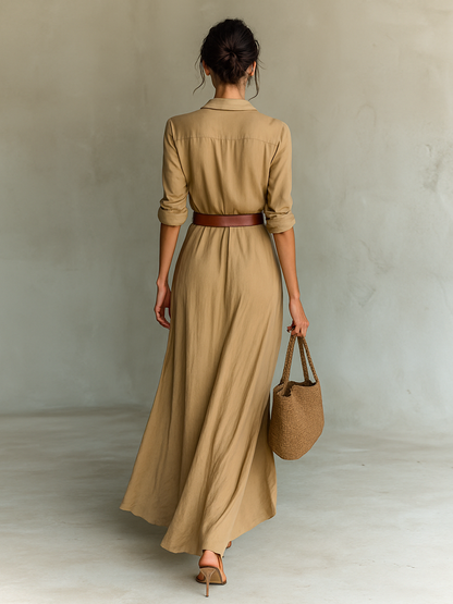 Elegant Maxi Dress | Formal Dresses with Lapel V-Neck & Belted Waist | Versatile Style for Office or Events 4
