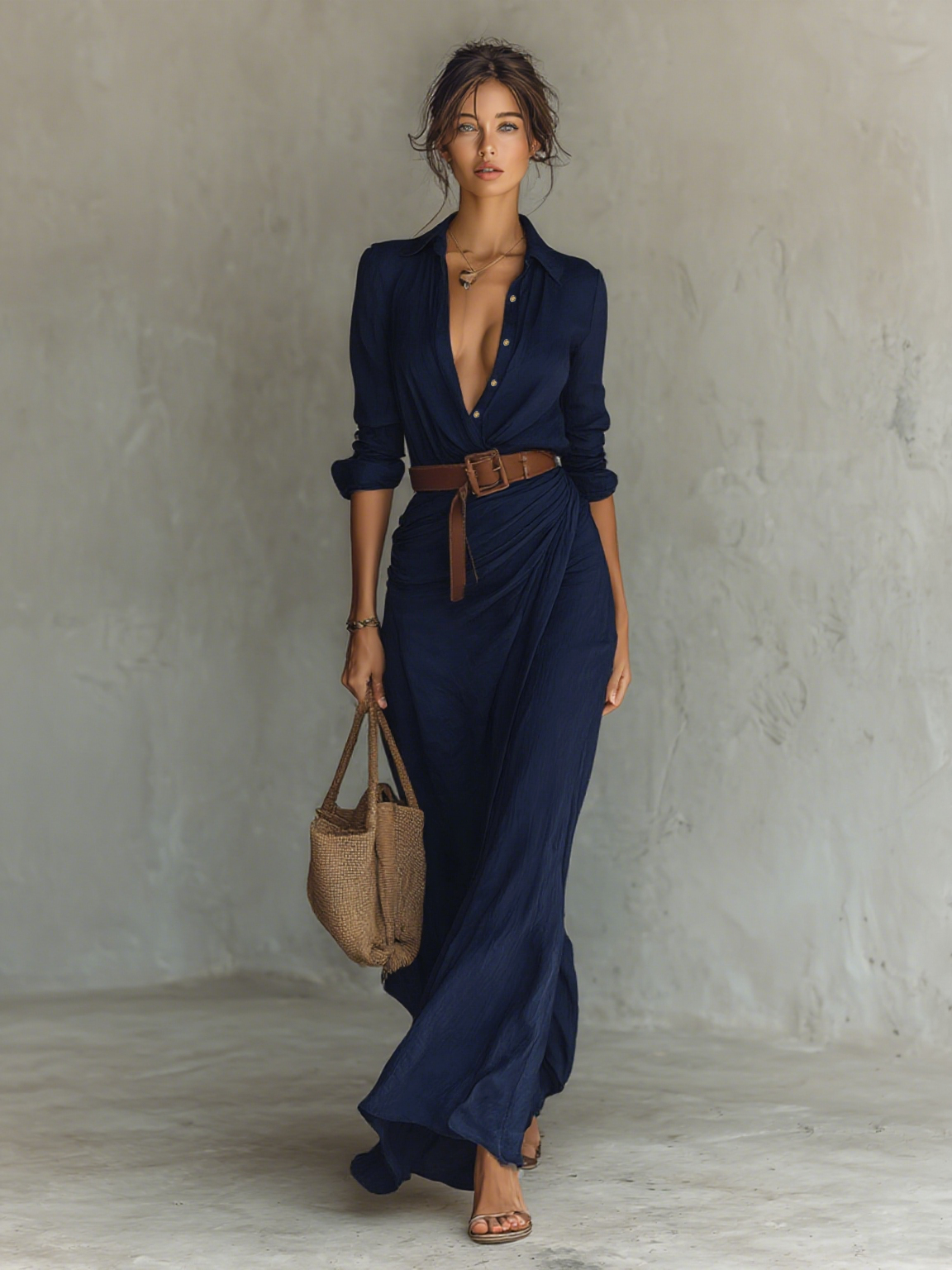 Elegant Maxi Dress | Formal Dresses with Lapel V-Neck & Belted Waist | Versatile Style for Office or Events 5
