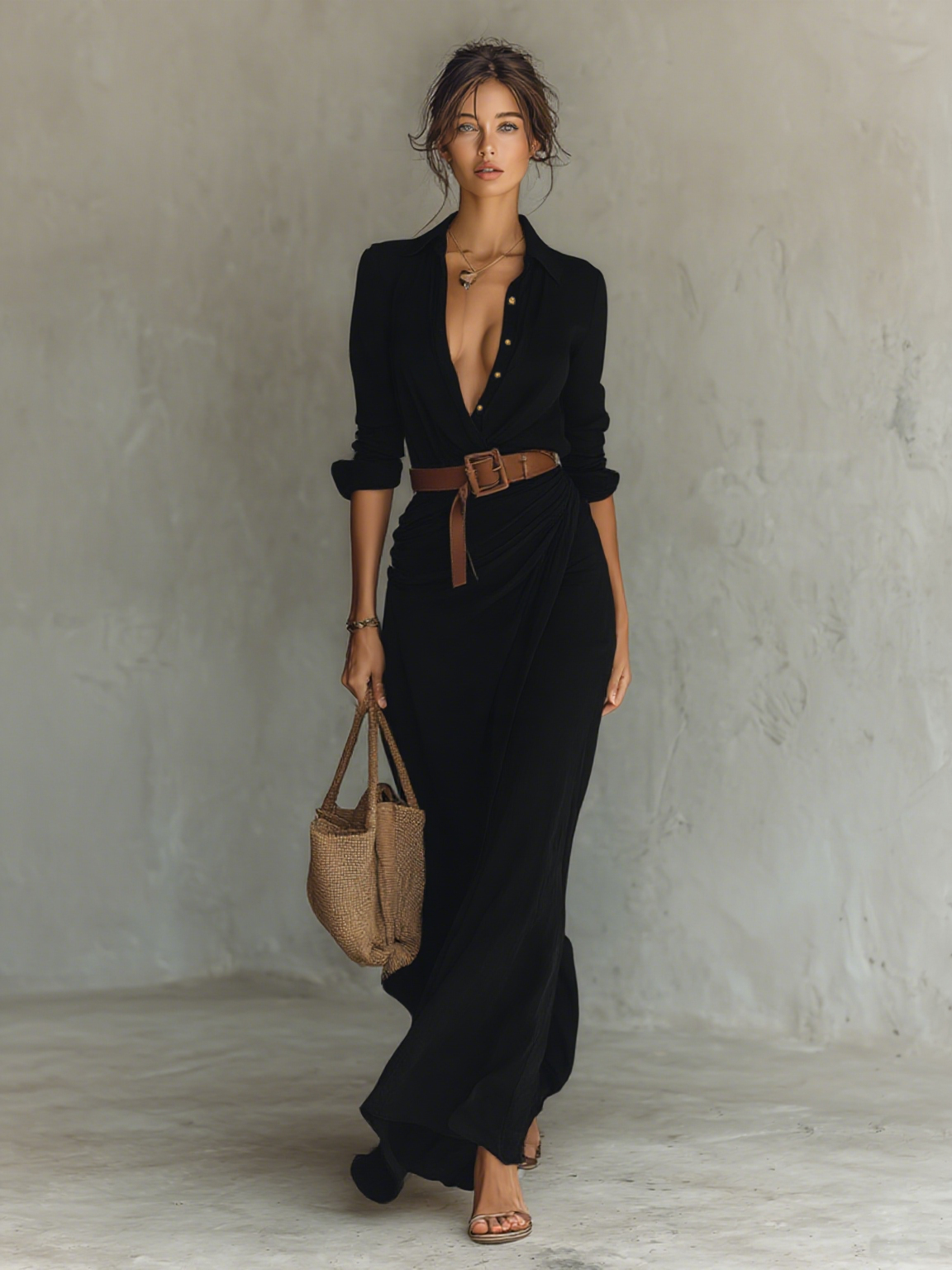 Elegant Maxi Dress | Formal Dresses with Lapel V-Neck & Belted Waist | Versatile Style for Office or Events 7