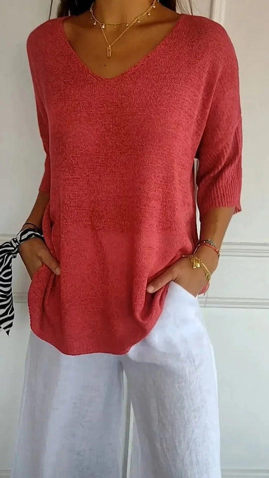 Lightweight V-Neck Knit Top | Women's Top 3/4 Sleeve Casual Wear 0