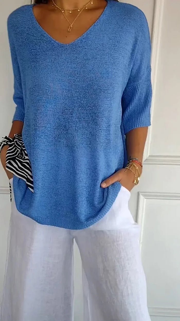 Lightweight V-Neck Knit Top | Women's Top 3/4 Sleeve Casual Wear 1