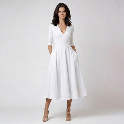 Lucia | Women's White Midi Dress with Deep V-Neck and 3/4 Sleeves | Elegant