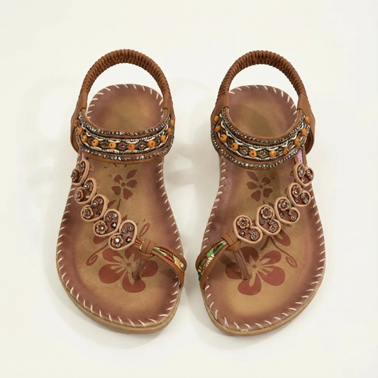 Luna | Women's Flat Sandals with Floral Appliques and Beaded Straps | Boho