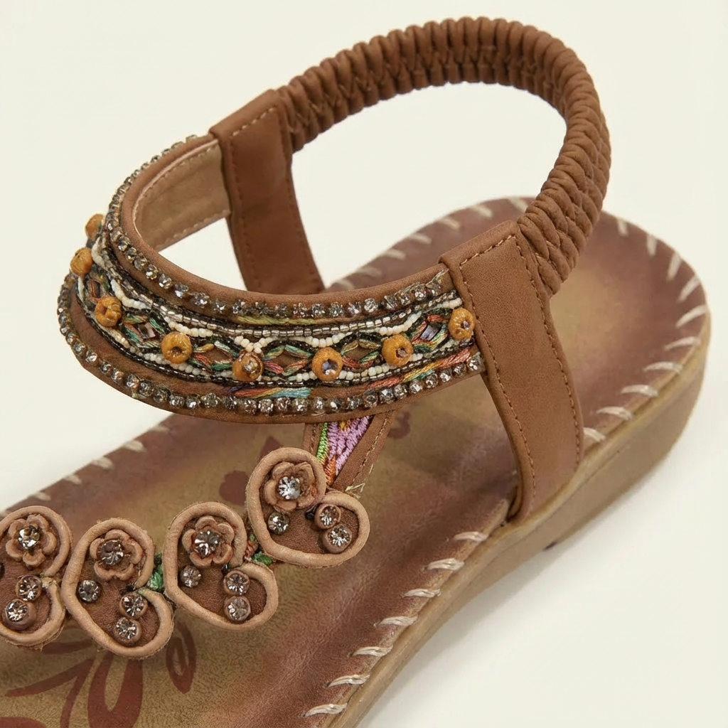 Luna | Women's Flat Sandals with Floral Appliques and Beaded Straps | Boho