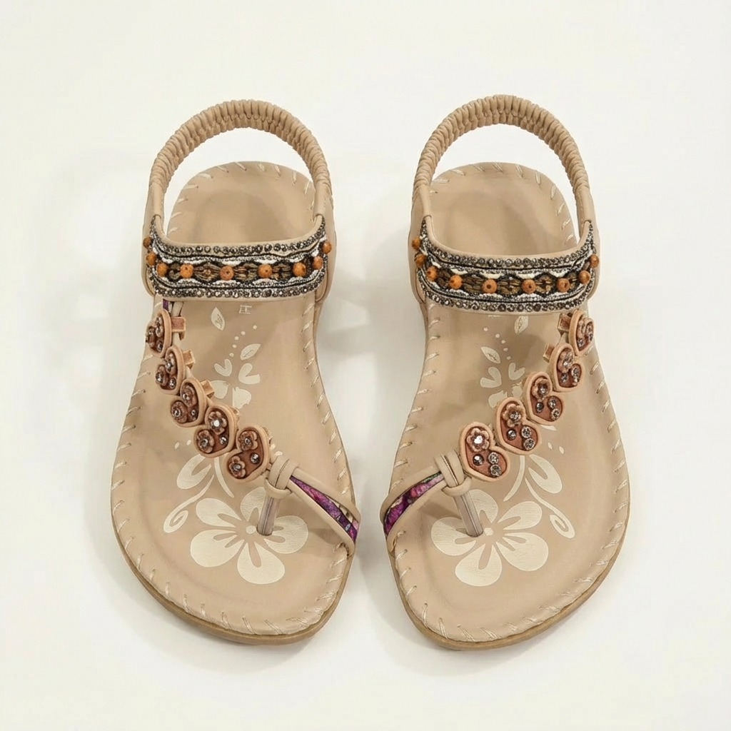 Luna | Women's Flat Sandals with Floral Appliques and Beaded Straps | Boho
