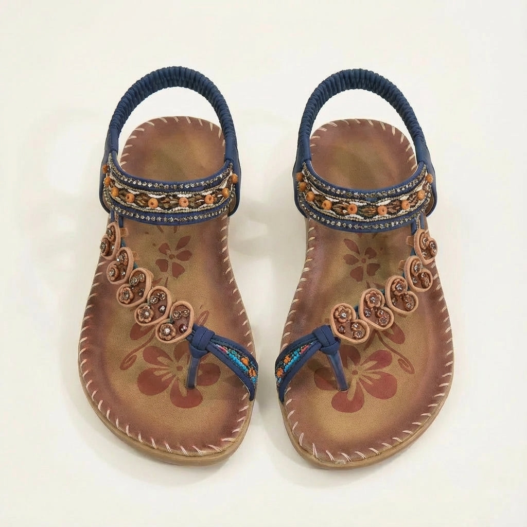 Luna | Women's Flat Sandals with Floral Appliques and Beaded Straps | Boho