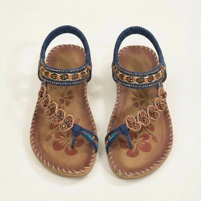 Luna | Women's Flat Sandals with Floral Appliques and Beaded Straps | Boho
