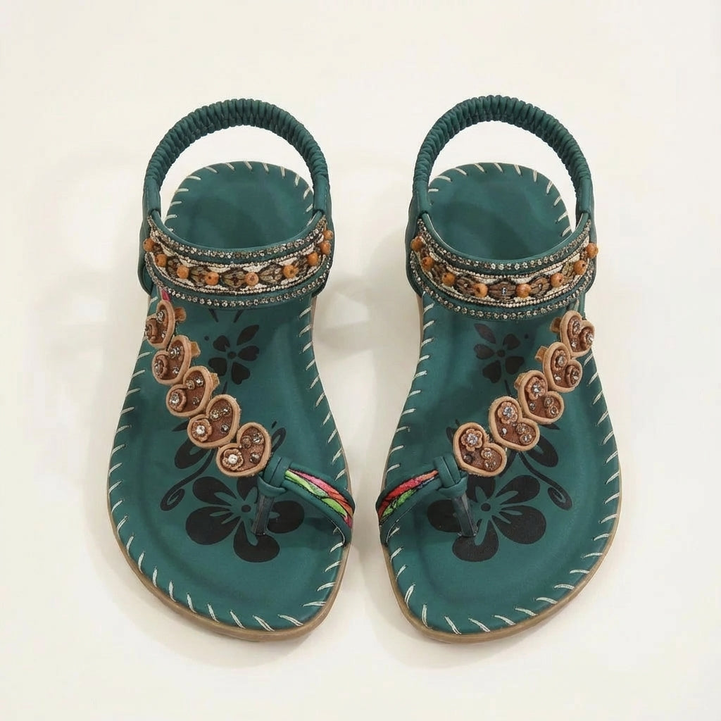 Luna | Women's Flat Sandals with Floral Appliques and Beaded Straps | Boho