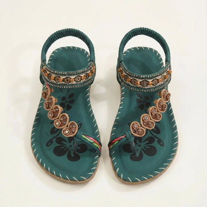 Luna | Women's Flat Sandals with Floral Appliques and Beaded Straps | Boho