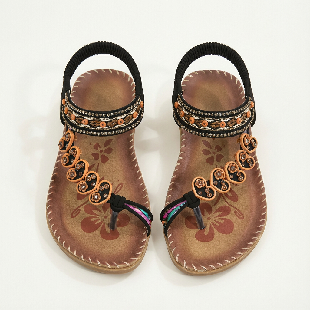 Luna | Women's Flat Sandals with Floral Appliques and Beaded Straps | Boho