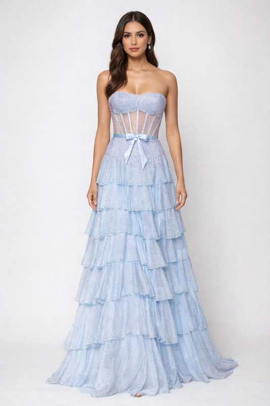 Elegant A-Line Strapless Tulle Long Formal Prom Dress with Bowknot Detail