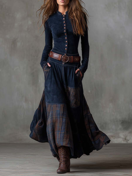 Navy Plaid Vintage Maxi Dress | Women's Dress 0